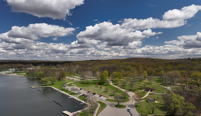 aerial view of a suburb on a lake