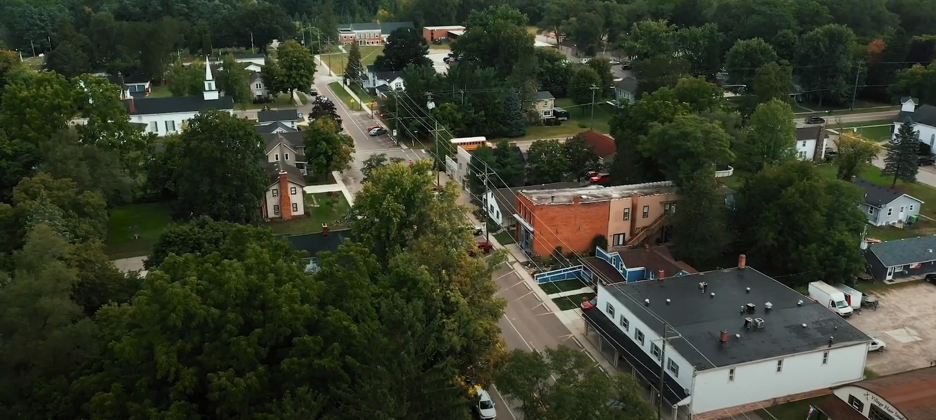 aerial view of a town with green shrubbery