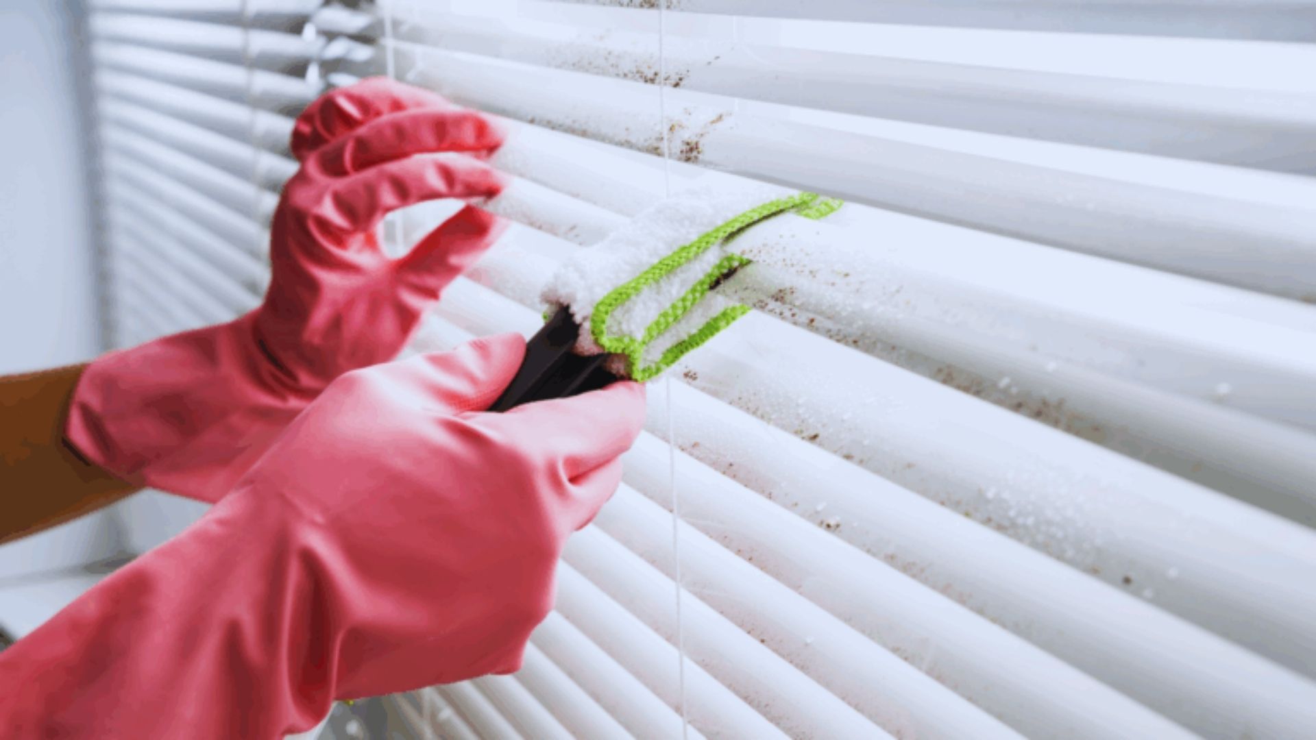 a pair of hands in pink gloves cleaning blinds