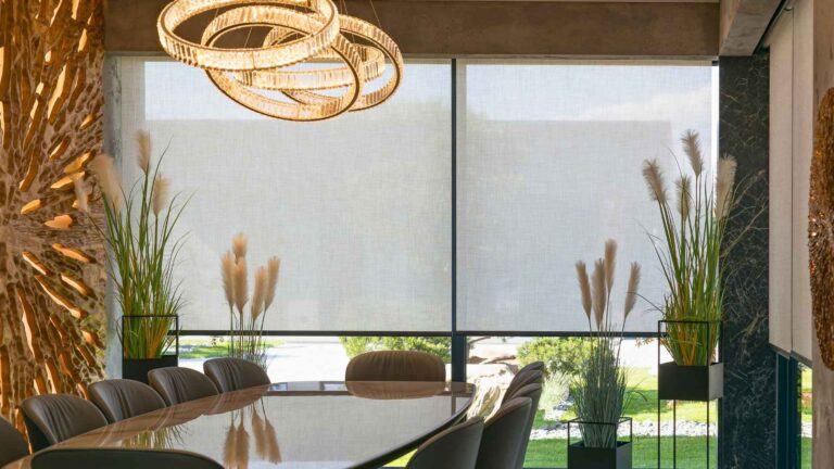 motorized blinds in michigan contemperay dining table with circular lighting fixture over dinning table for 8