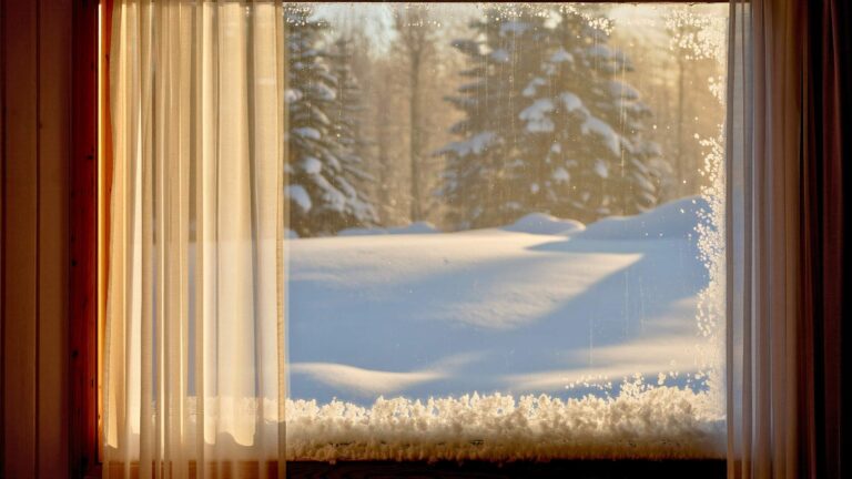 snowy landscape outside of home looking out of layered window treatments