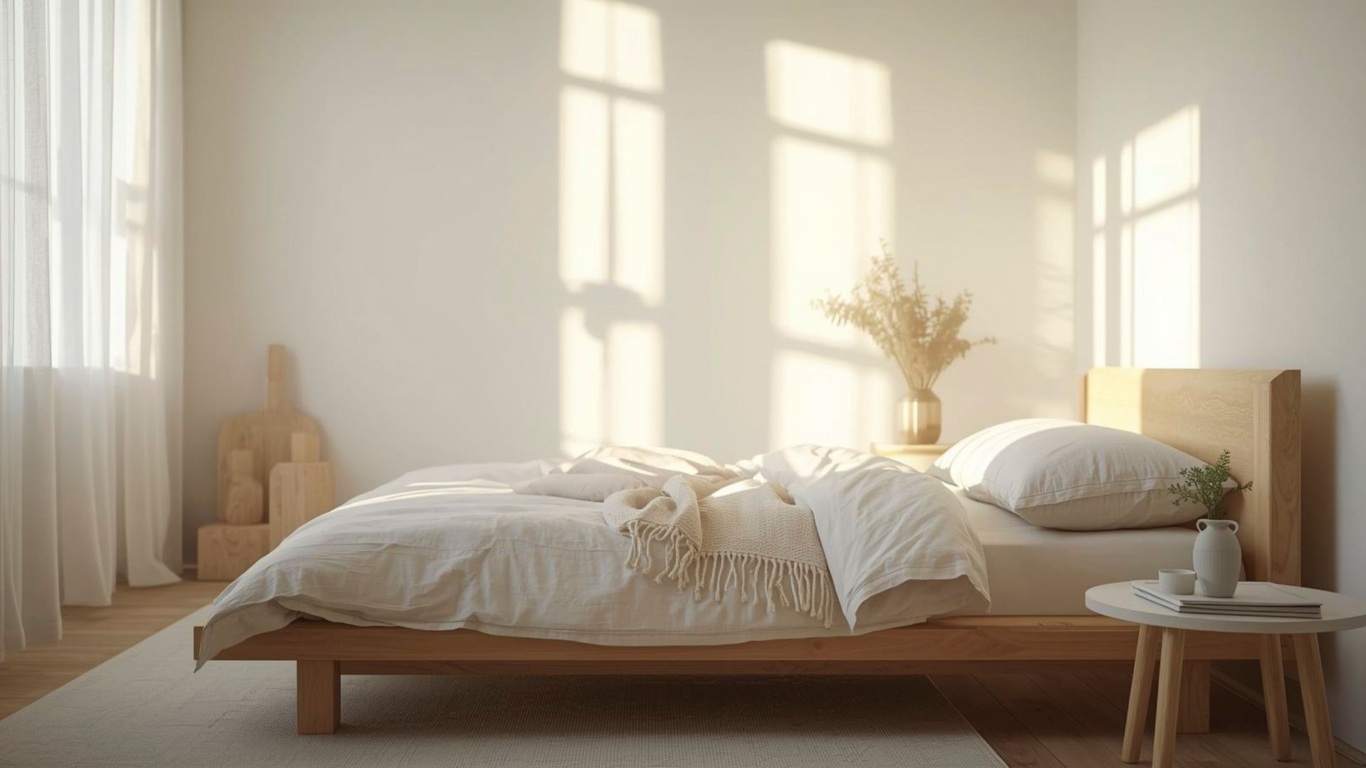 white modern bedroom with queen bed on a wooden bedframe with natural light coming through window