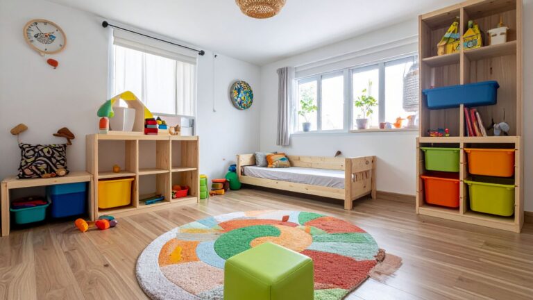 children's room with wood decor and toys scattered across floor
